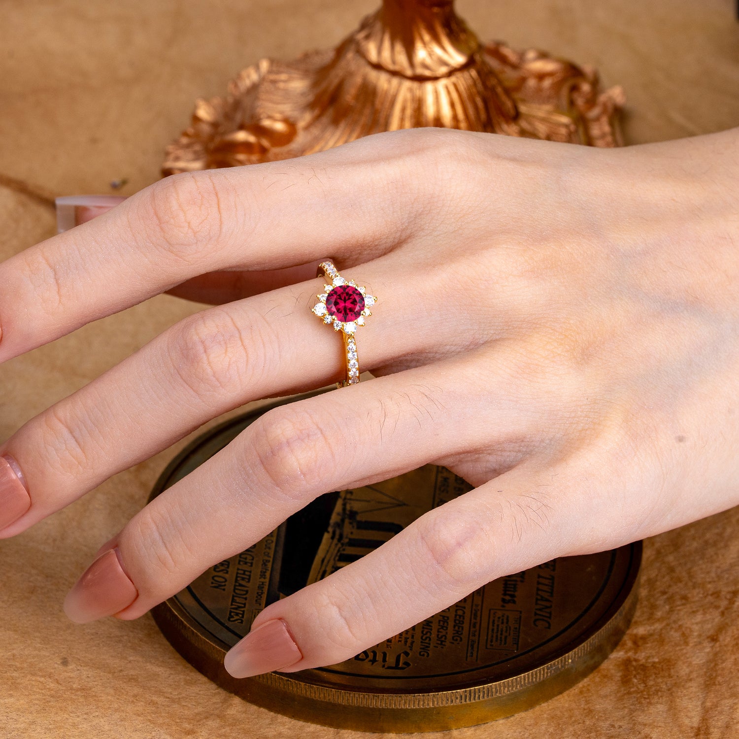 Round Cut Vintage Cluster Ruby Gemstone Ring Flower Engagement Ring