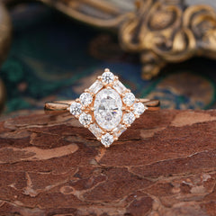 1 Carat Oval Cut Vintage Cluster Moissanite Engagement Ring