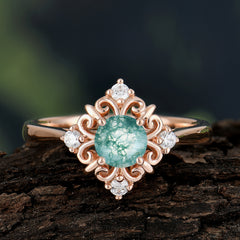 Vintage 0.6 Carat Round Cut Moss Agate Filigree Anniversary Ring for Women