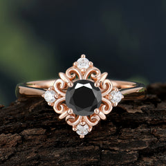 Vintage 0.6 Carat Round Cut Black Onyx Filigree Anniversary Ring for Women