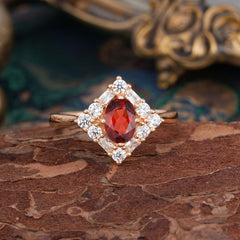 1 Carat Oval Cut Vintage Cluster Garnet Engagement Ring
