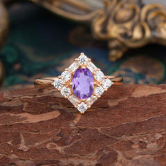 1 Carat Oval Cut Vintage Cluster Amethyst Engagement Ring