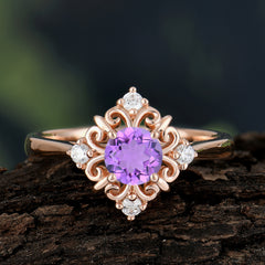 Vintage 0.6 Carat Round Cut Amethyst Filigree Anniversary Ring for Women