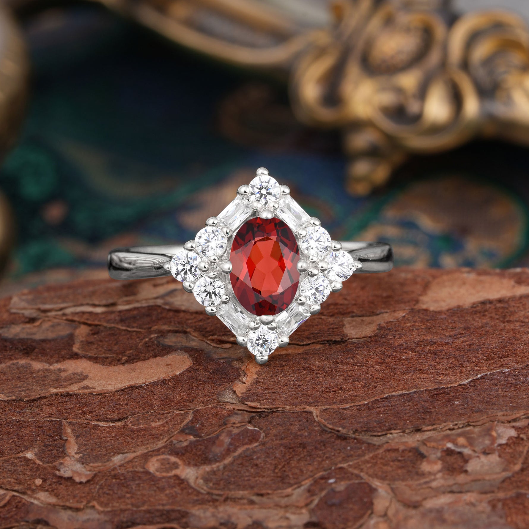1 Carat Oval Cut Vintage Cluster Garnet Engagement Ring - Romalar Jewelry