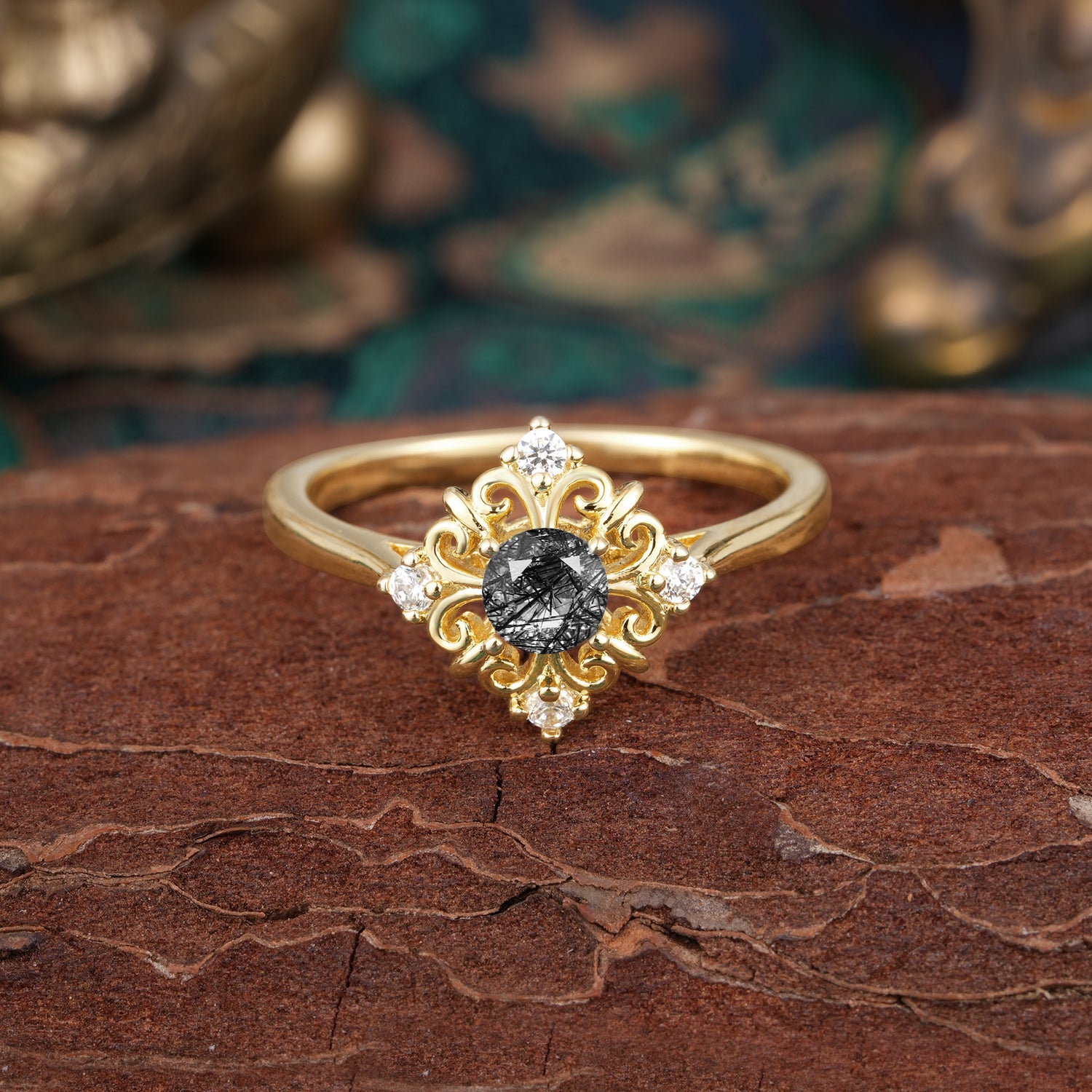 Romantic Vintage 4-Prong Round Cut Black Rutilated Quartz Engagement Ring