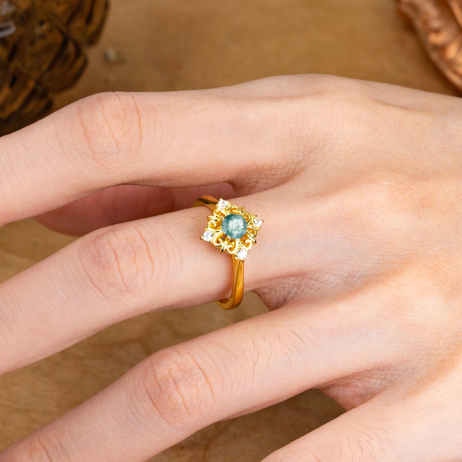 Vintage Round Cut Moss Agate Filigree Engagement Ring Nature Inspired Gift for Women