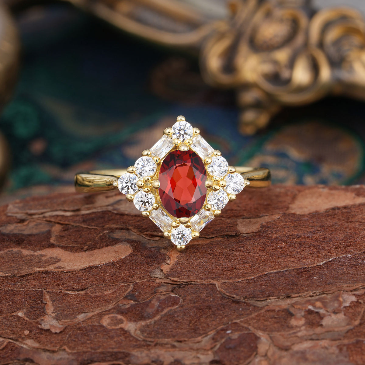 1 Carat Oval Cut Vintage Cluster Garnet Engagement Ring - Romalar Jewelry