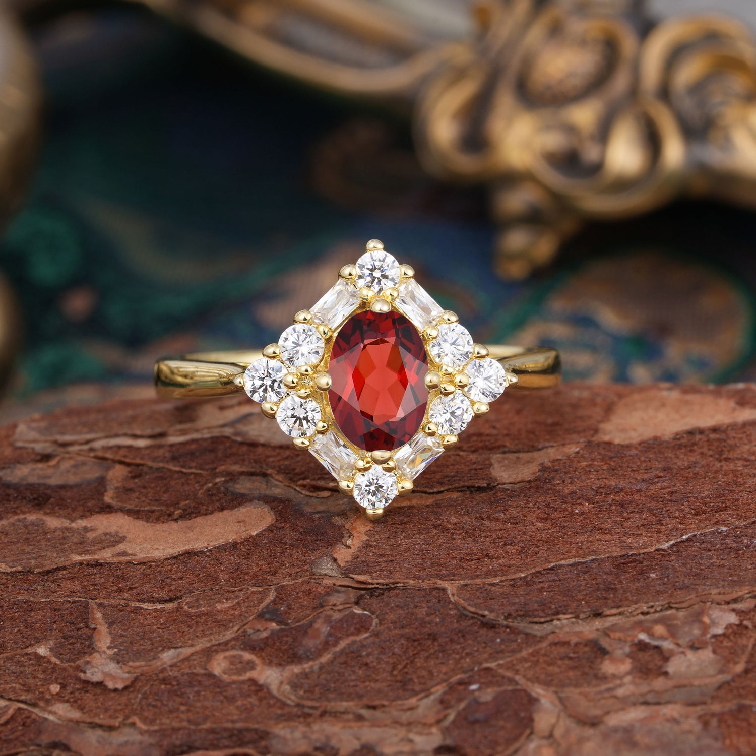 1 Carat Oval Cut Vintage Cluster Garnet Engagement Ring - Romalar Jewelry