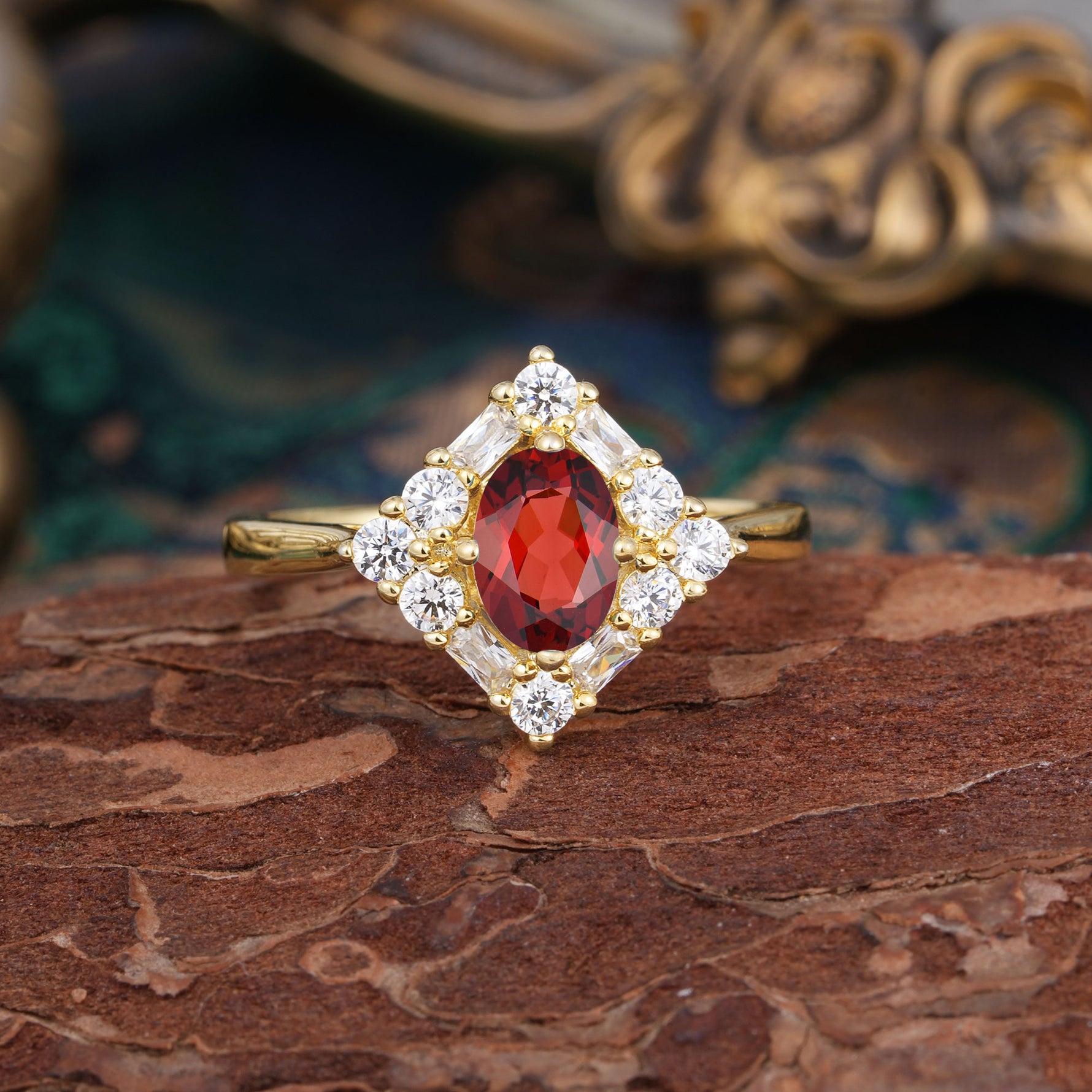 1 Carat Oval Cut Vintage Cluster Garnet Engagement Ring - Romalar Jewelry