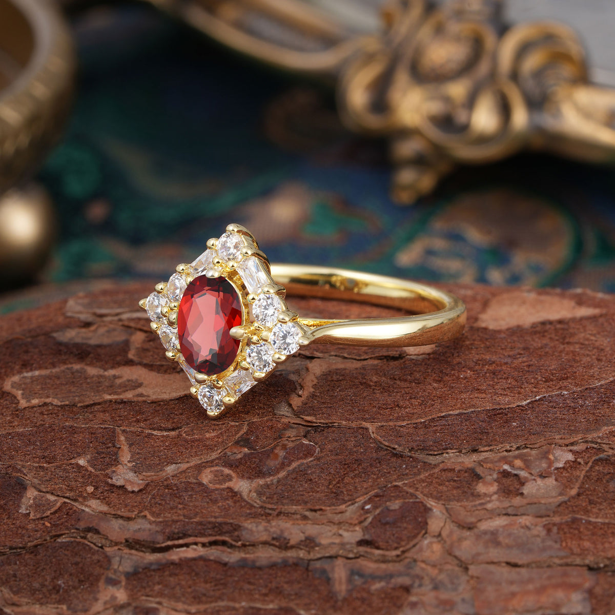 1 Carat Oval Cut Vintage Cluster Garnet Engagement Ring - Romalar Jewelry