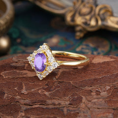 1 Carat Oval Cut Vintage Cluster Amethyst Engagement Ring