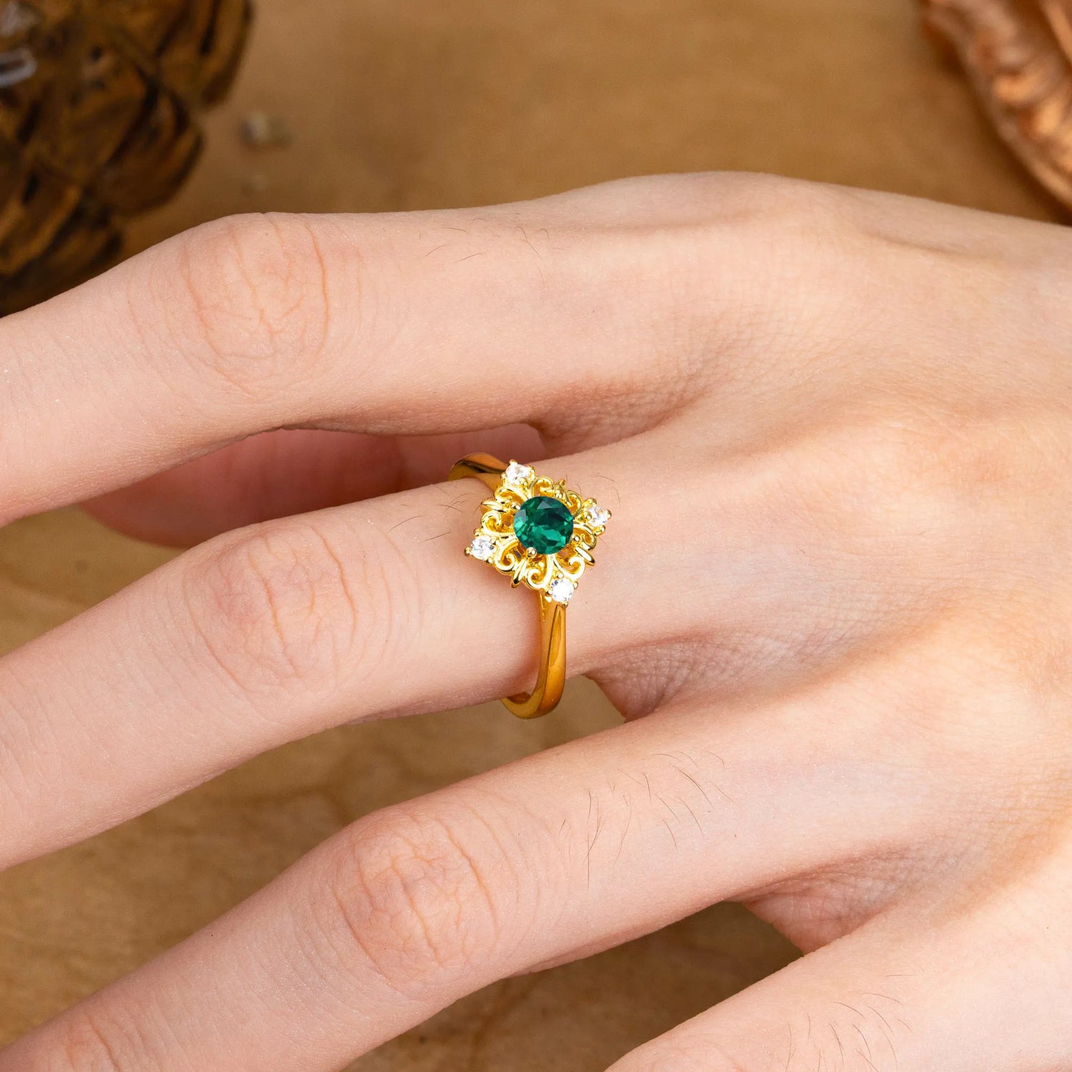 Vintage Emerald Filigree Engagement Ring Light Blue March Birthstone Gift