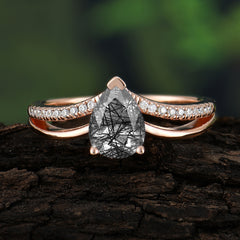 1.25 Carat Pear Cut Black Rutilated Quartz Ring Split Shank Engagement Ring