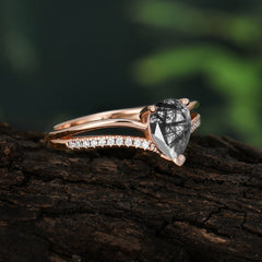 1.25 Carat Pear Cut Black Rutilated Quartz Ring Split Shank Engagement Ring