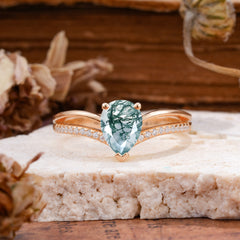 1.25 Carat Pear Cut Moss Agate Ring Split Shank Engagement Ring