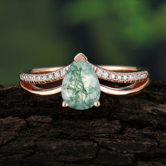 1.25 Carat Pear Cut Moss Agate Ring Split Shank Engagement Ring