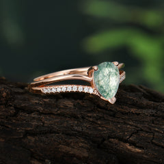 1.25 Carat Pear Cut Moss Agate Ring Split Shank Engagement Ring