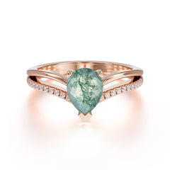 1.25 Carat Pear Cut Moss Agate Ring Split Shank Engagement Ring
