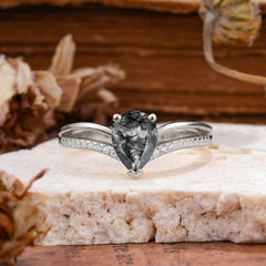 1.25 Carat Pear Cut Black Rutilated Quartz Ring Split Shank Engagement Ring