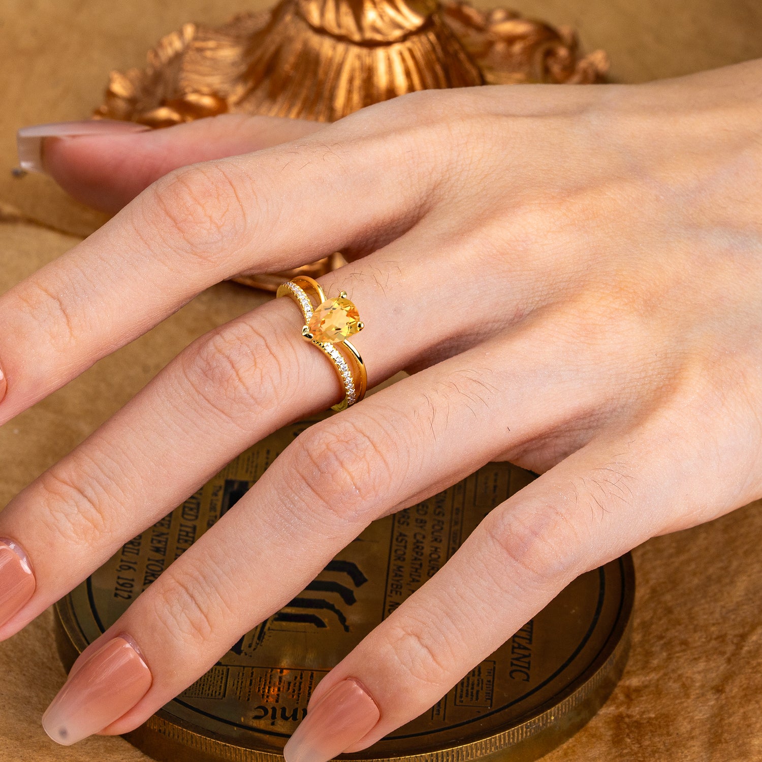 1.25 Carat Pear Cut Citrine Ring Split Shank Engagement Ring