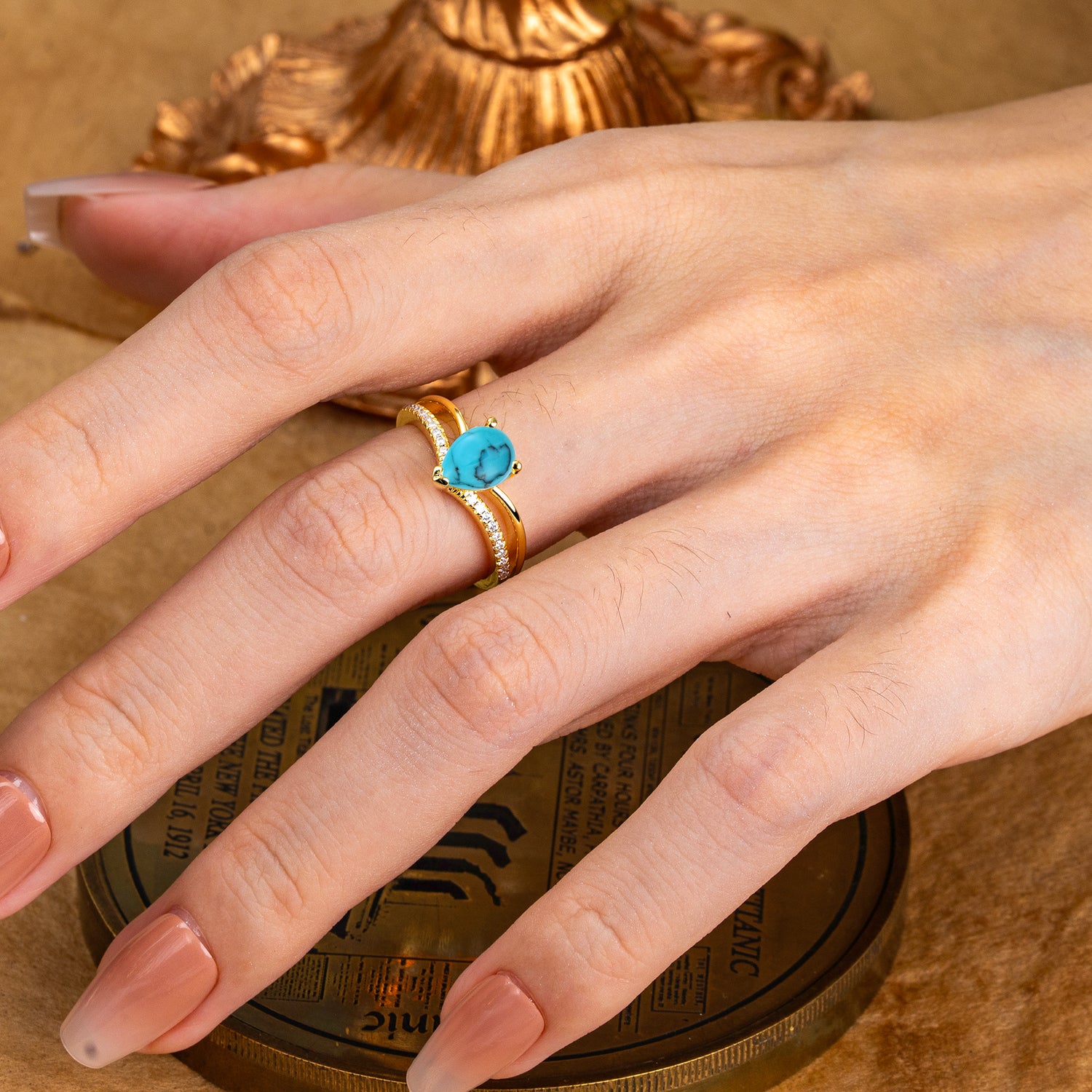 1.25 Carat Pear Cut Turquoise Ring Split Shank Engagement Ring