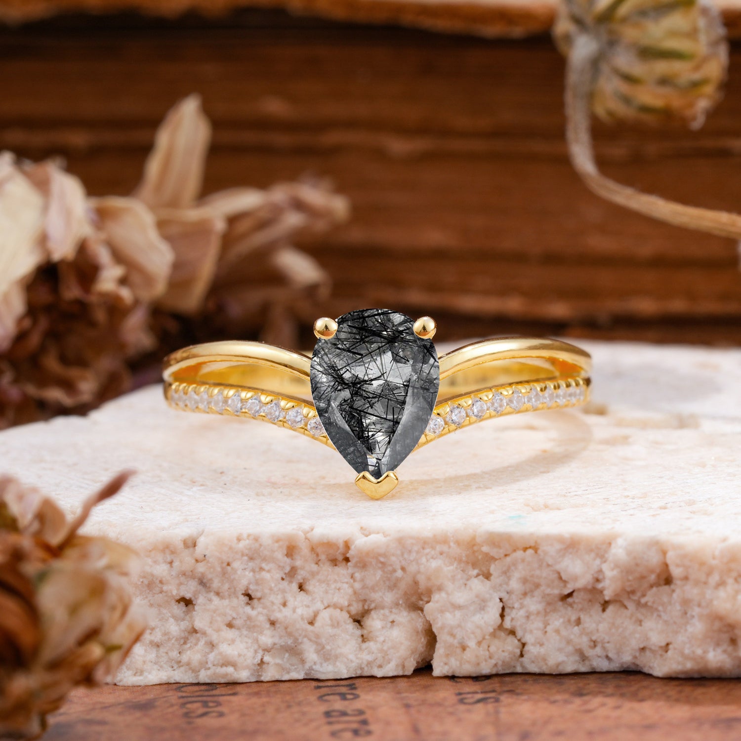 1.25 Carat Pear Cut Black Rutilated Quartz Ring Split Shank Engagement Ring