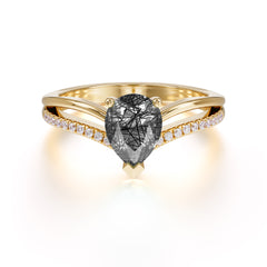 1.25 Carat Pear Cut Black Rutilated Quartz Ring Split Shank Engagement Ring