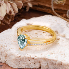 1.25 Carat Pear Cut Moss Agate Ring Split Shank Engagement Ring
