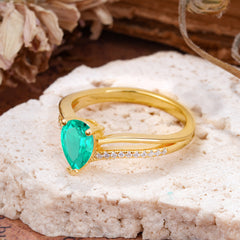 1.25 Carat Pear Cut Emerald Ring Split Shank Engagement Ring