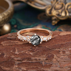 Luxury 6-Prong Round Cut Black Rutilated Quartz Ring