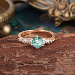 Round Moss Agate Ring Nature Inspired Six Claw Engagement Ring