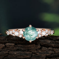 Round Moss Agate Promise Ring Classic Engagement Ring Six Claw Prong Setting