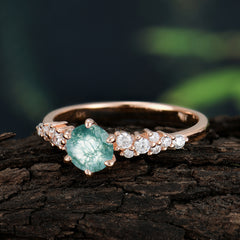 Round Moss Agate Promise Ring Classic Engagement Ring Six Claw Prong Setting