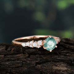 Round Moss Agate Promise Ring Classic Engagement Ring Six Claw Prong Setting