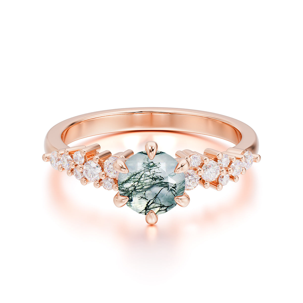 Round Moss Agate Promise Ring Classic Engagement Ring Six Claw Prong Setting