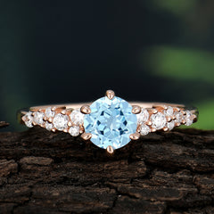 Round Aquamarine Promise Ring Classic Engagement Ring Six Claw Prong Setting