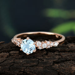 Round Aquamarine Promise Ring Classic Engagement Ring Six Claw Prong Setting
