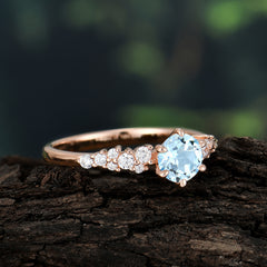 Round Aquamarine Promise Ring Classic Engagement Ring Six Claw Prong Setting