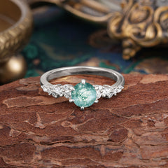 Round Moss Agate Ring Nature Inspired Six Claw Engagement Ring
