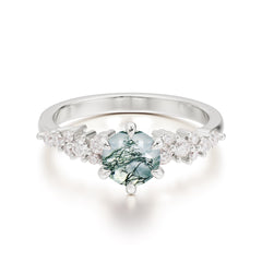 Round Moss Agate Promise Ring Classic Engagement Ring Six Claw Prong Setting