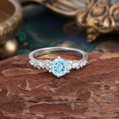 Round Aquamarine Promise Ring Light Blue Six Claw Prong