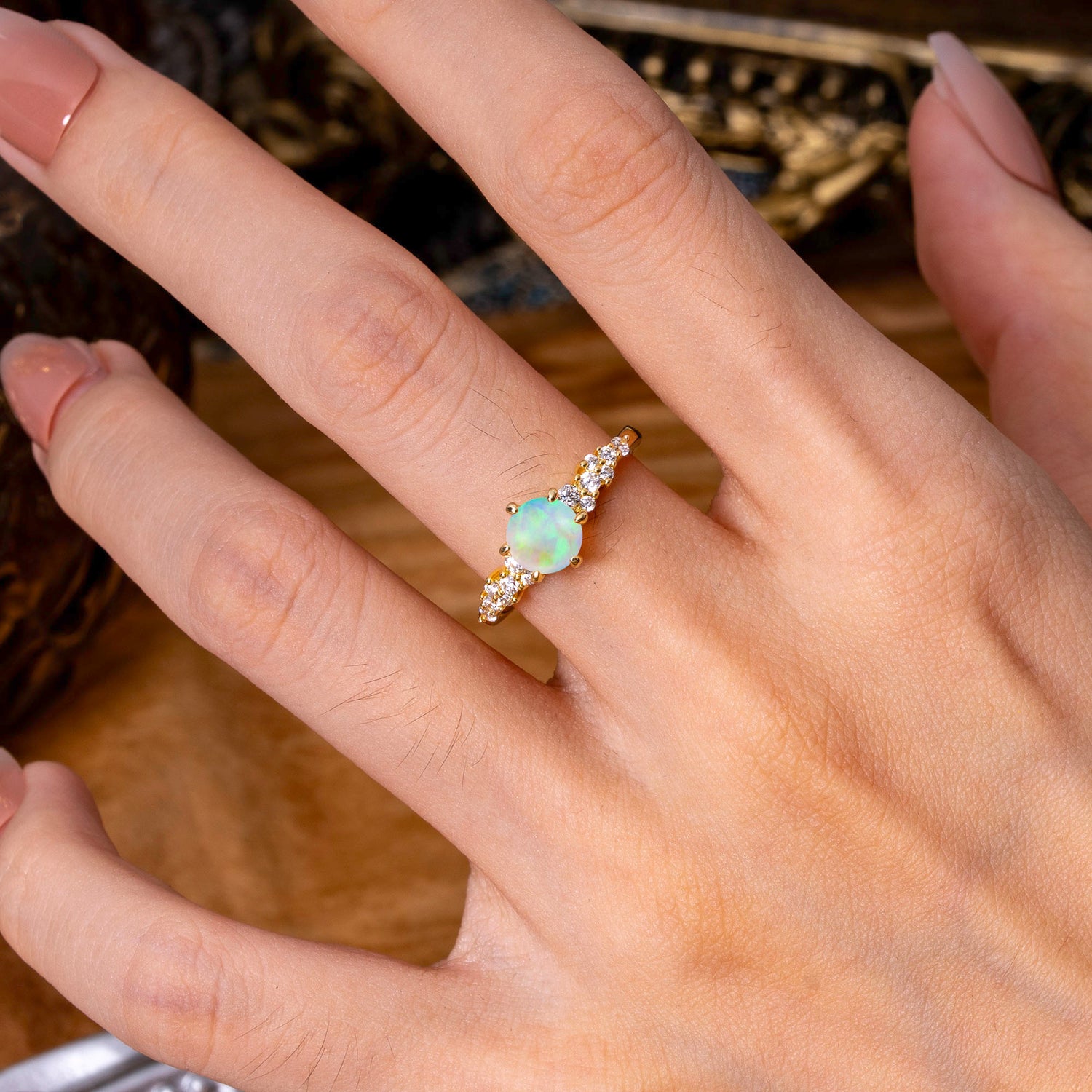 Round Opal Engagement Ring Iridescent Glow Six Claw Setting