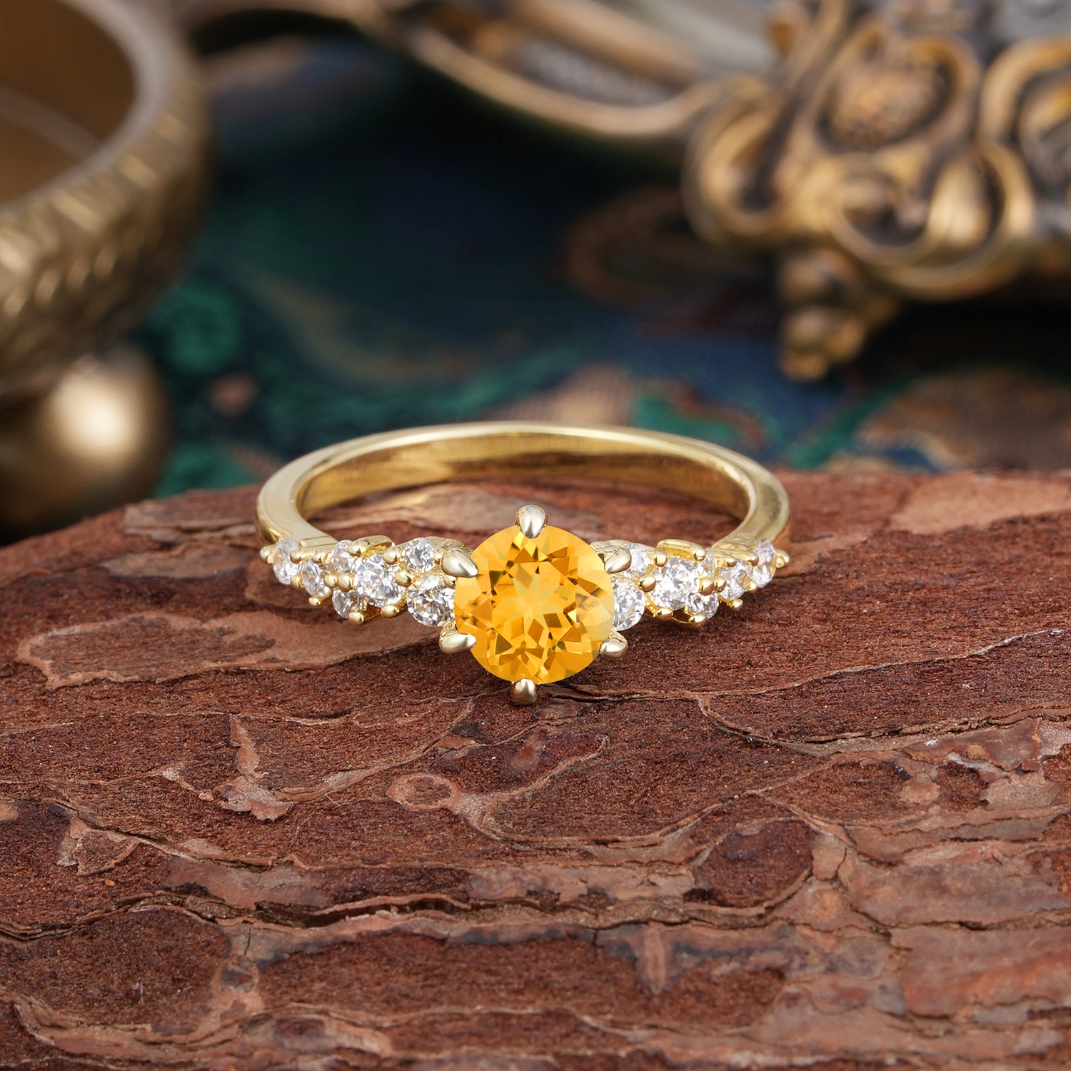 Luxury 6-Prong Round Cut Citrine Engagement Ring