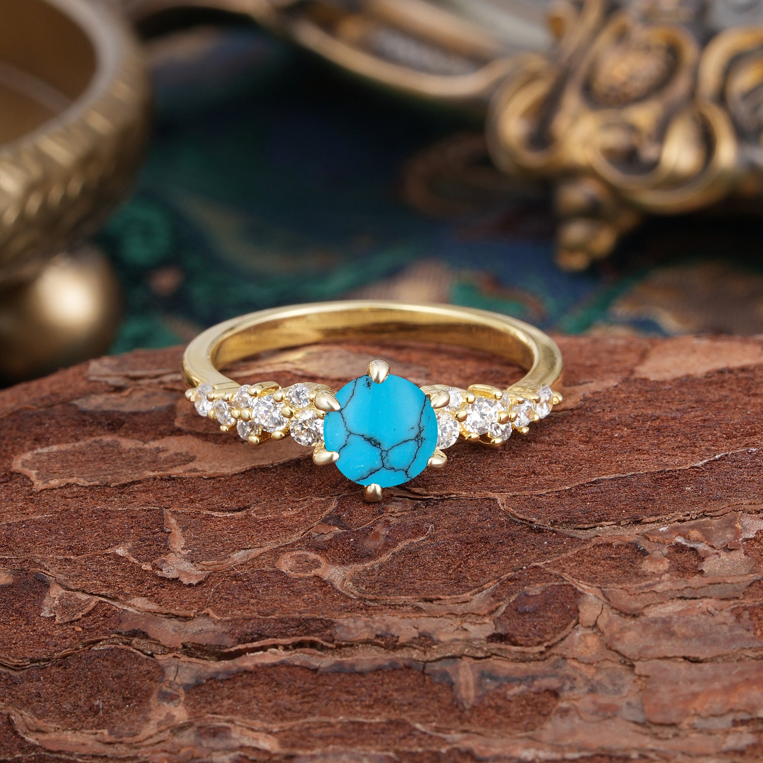 Luxury 6-Prong Round Cut Turquoise Engagement Ring
