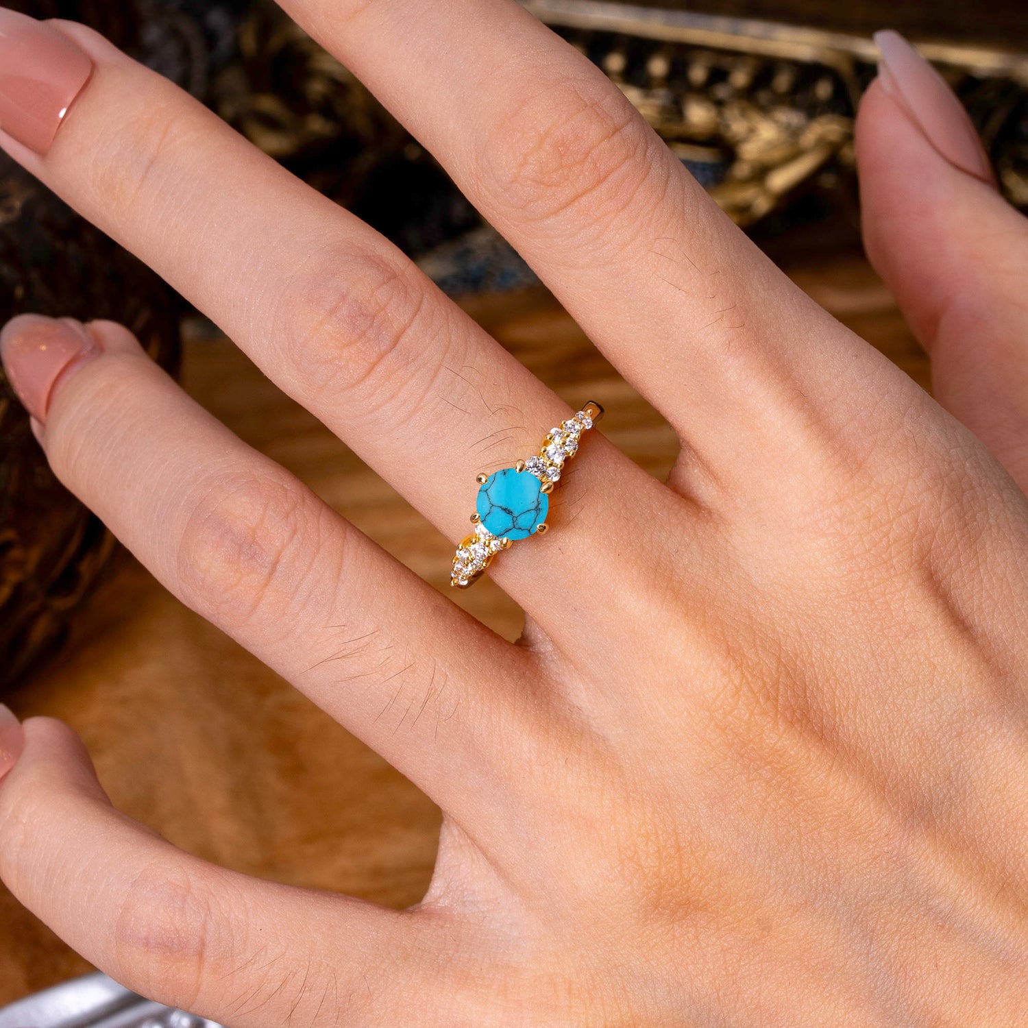 Luxury 6-Prong Round Cut Turquoise Engagement Ring
