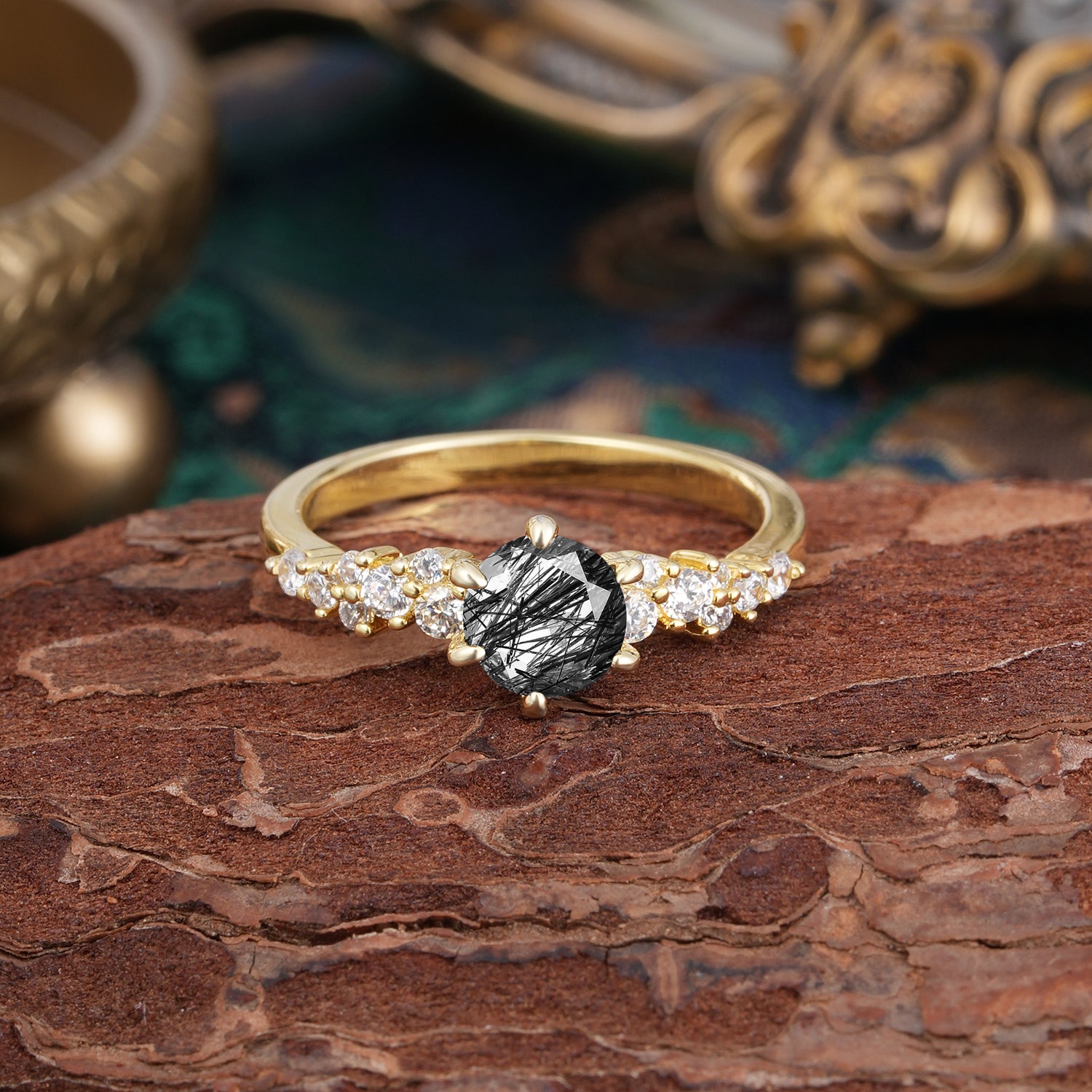 Luxury 6-Prong Round Cut Black Rutilated Quartz Engagement Ring