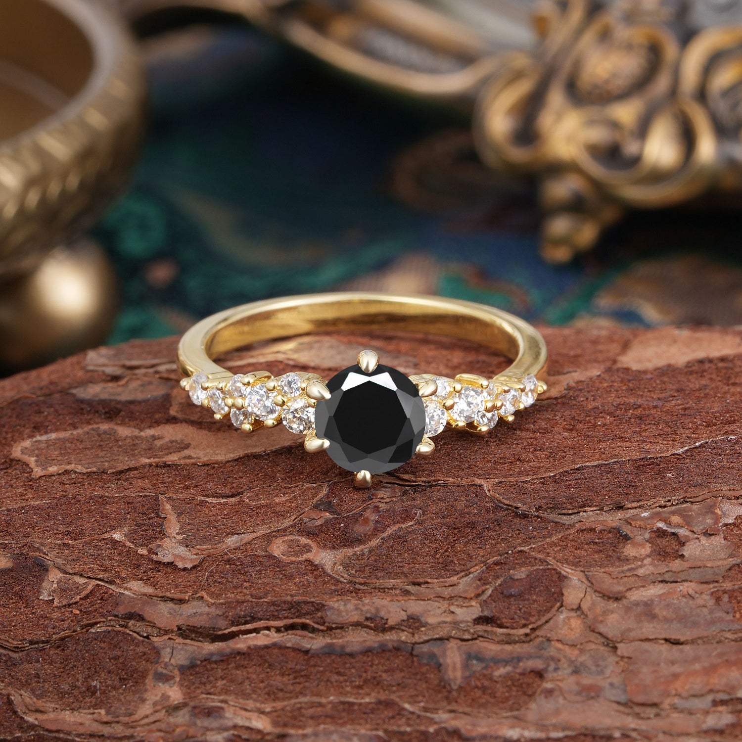 Round Black Onyx  Engagement Ring Bold Look Six Claw Design