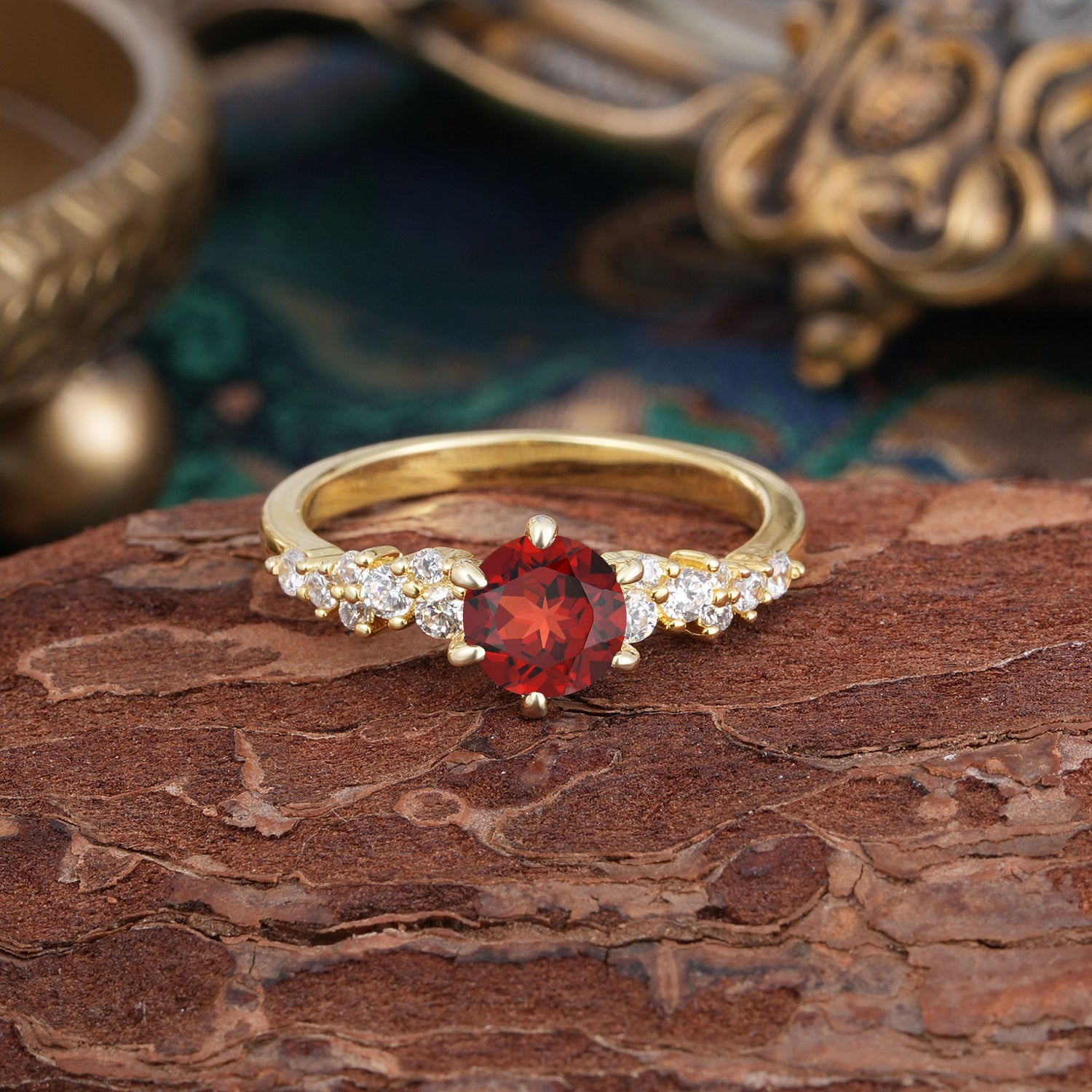 Round Garnet Engagement Ring Classic Engagement Ring Six Claw Prong Setting