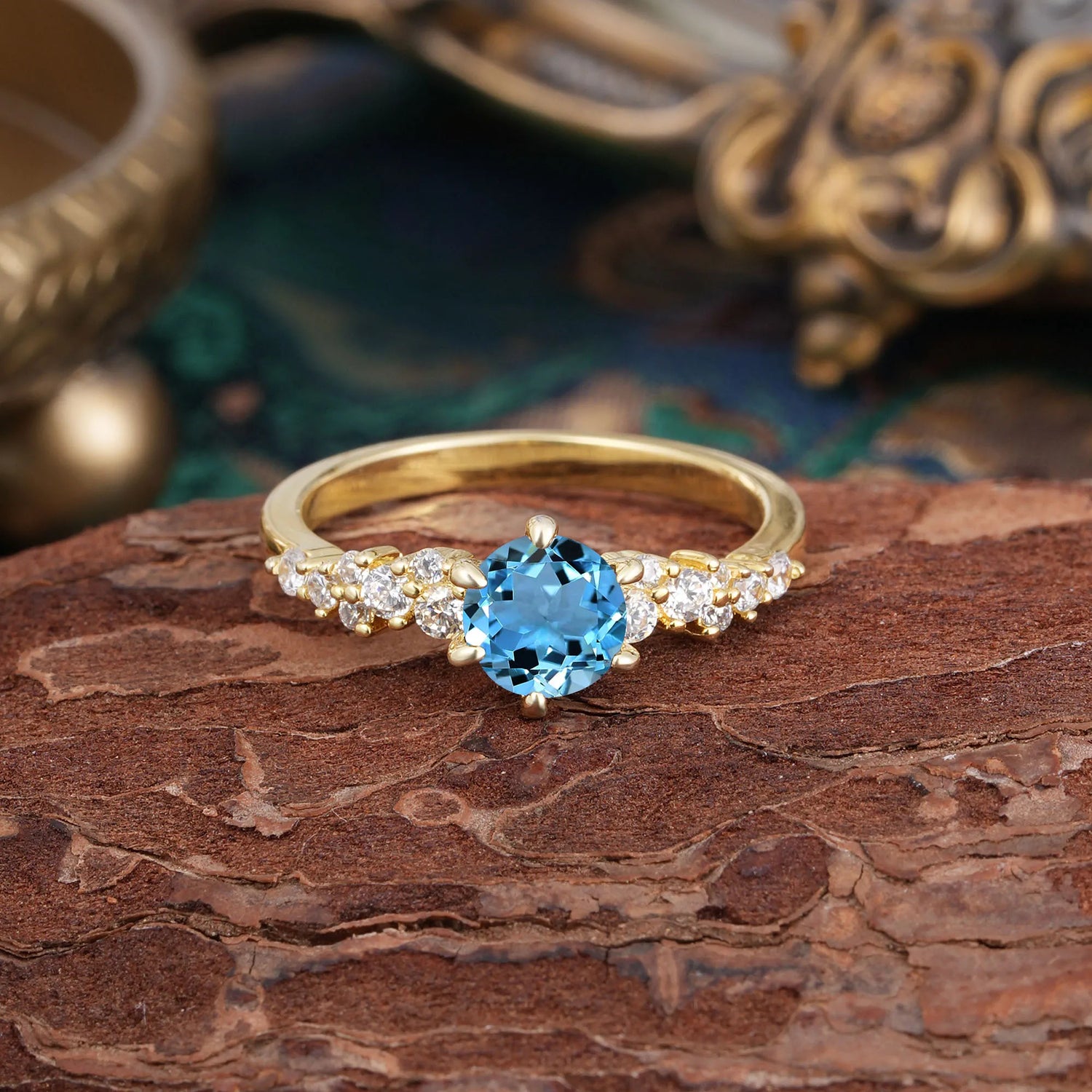 Round Aquamarine Engagement Ring Light Blue Six Claw Prong