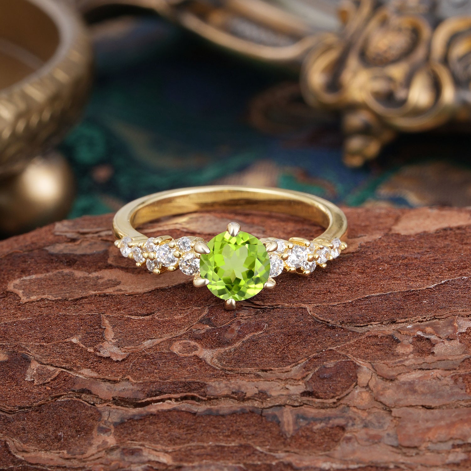 Rounded Peridot Engagement Ring with Six Claw Classic Setting